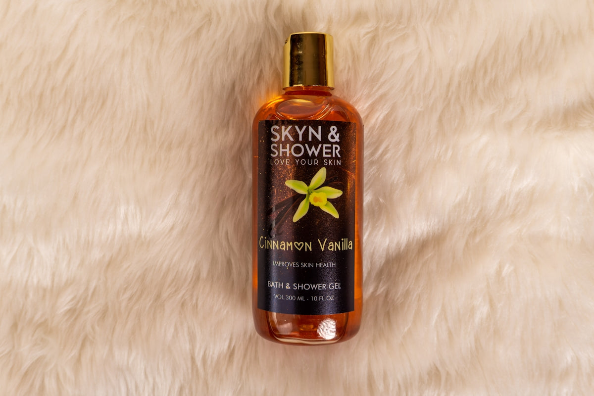 a close up of a bottle of skin and shower gel