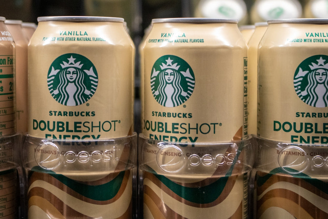 Starbucks doubleshot energy vanilla cans are stacked.